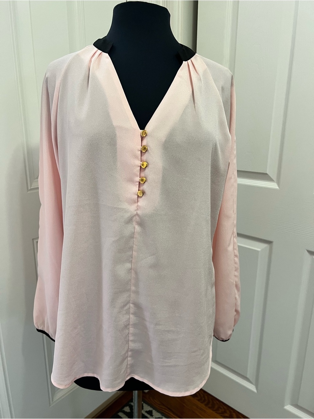 New York & Company Women’s Light Pink V-Neck Blouse with Gold Button Detail